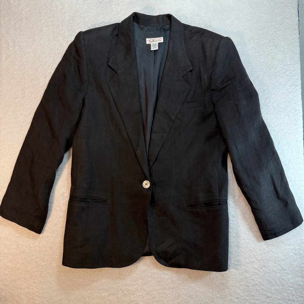 Talbots Black 100% Linen Single Button Blazer Jacket Size 8 Professional Classic